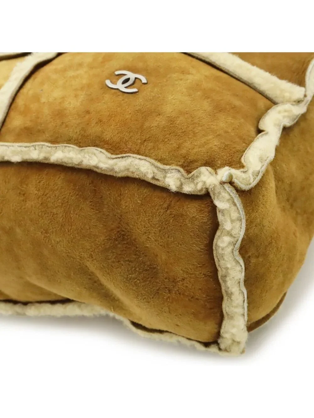 Chanel CC Logo Shoulder Bag Crossbody Shearling Brown Silver